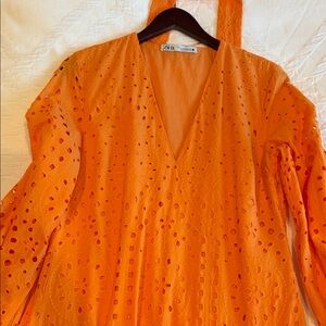 Zara Bright Orange Eyelet V-Neck Dress